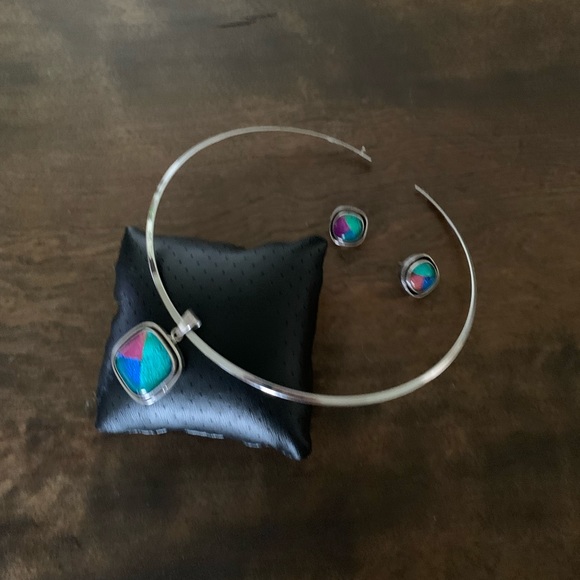 925 MEXICO STERLING S.CHOKER STONE PENDANT & EARRINGS - Picture 7 of 15